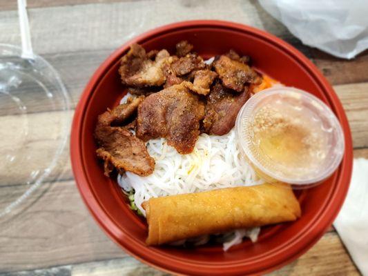 Bun thit nuon, tom, chai gio. Vermicelli rice noodles with grilled pork and fried spring roll.  $15.50