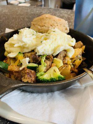 The Skillet Heap w/ multi grain biscuits, (grilled veggies & veggie sausage added) it comes w/an eggs, I chose scrambled egg whites