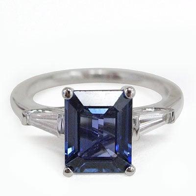 Blue Sapphire And Bar Set Tapered Baguette Diamond Three Stone Ring