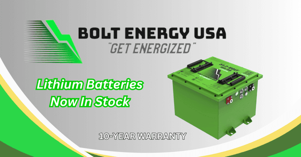 The Bolt Energy USA lithium battery line is now in stock! This battery, manufactured in Florida, has an impressive 10-year warranty.