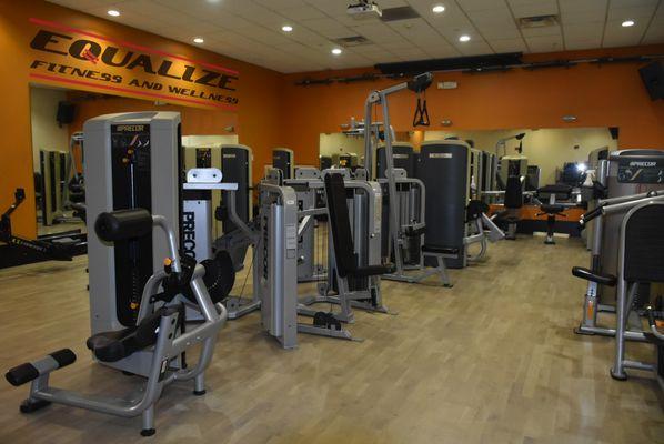 Semi-private, circuit strength training stations.