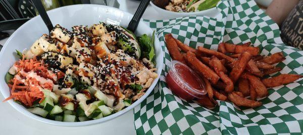 Tofu Poke Bowl, Sweet Potato Fries