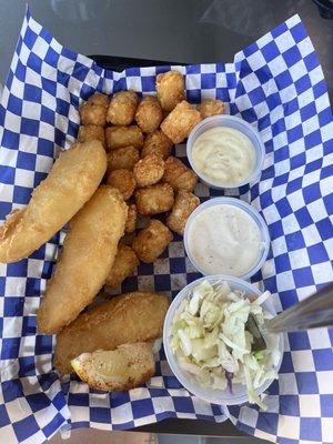 Halibut, tot's and coleslaw.