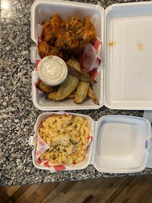 Cauliflower wings, potato wedges, and Mac and cheese