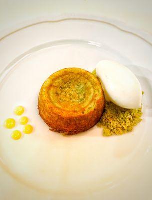 MOLTEN PISTACHIO CAKE WITH CONCORD GRAPE JAM AND CREAM CHEESE GELATO