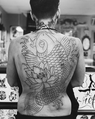 First sitting on Japanese Koi backpiece by Ryan Bogart