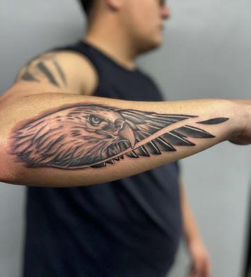 Black and grey eagle done by our Artis Sliminsane need some ink or want to add hit him up now !!!!!