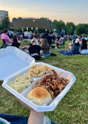 Pulled pork plate with potato salad and mac n cheese at Southpark After 5