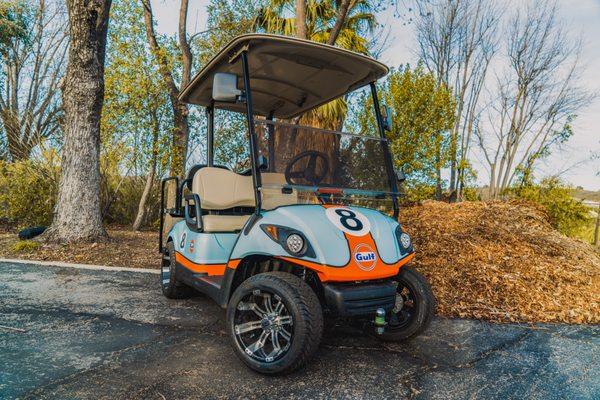 Customer needed his golf cart to match his personal plane in the Gulf Oil Livery, was over the moon with this result