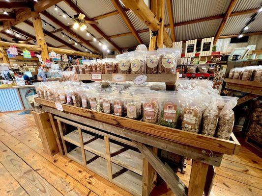 This is one of several tables full of different flavored pecans! So good!