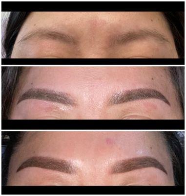 Top pic -  my natural sparse brows, middle pic - right after the first session, bottom pic - right after the 2nd session.