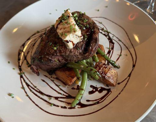 Filet with hash of potatoes, green beans, & corn succotash