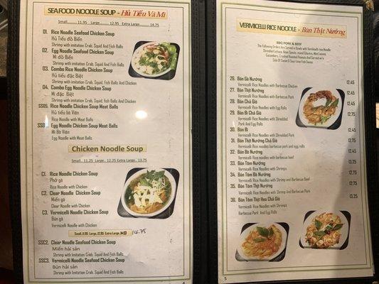 Menu: Seafood & Chicken Noodle Soups and Vermicelli Rice Noodles