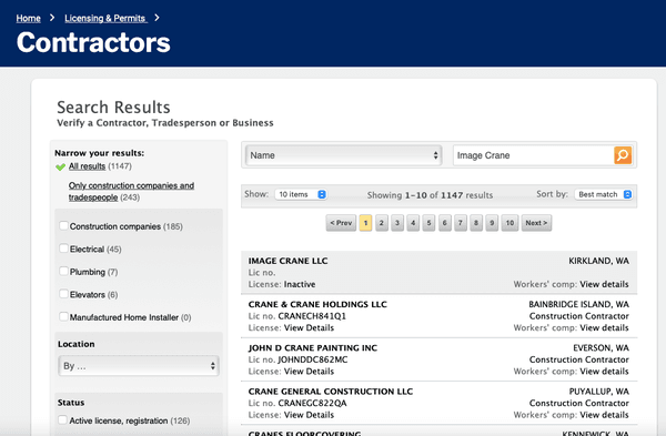 screenshot 1 from Washington LNI website of image crane license info