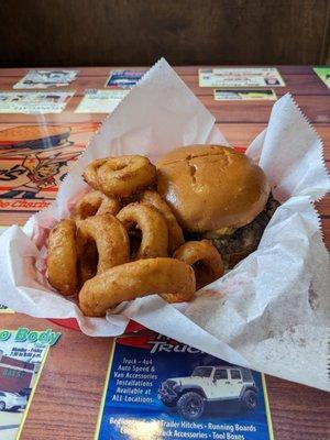 Olde Fashioned Charburger with half onion rings