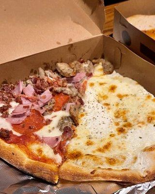 White pie slice, meat lovers slice