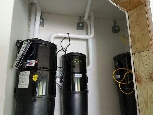 Large home with 3 complete central vacuum systems.  3 power units shown here.  Vacuflo model DB8000.