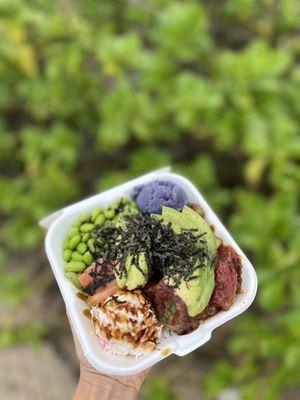 Spicy Miso Ahi, okinowan sweet potato, edamame, additional avocado!