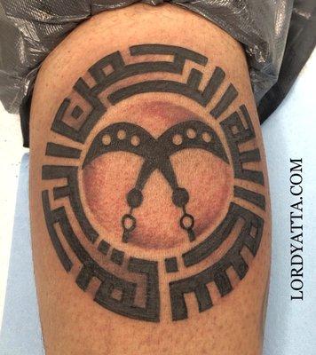 #Adinkra and Arabic leg tattoo by #LordYatta done 
 at Tri-Cities Tattoo