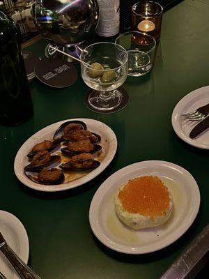 Fried mussels, potato roe salad, filthy martini