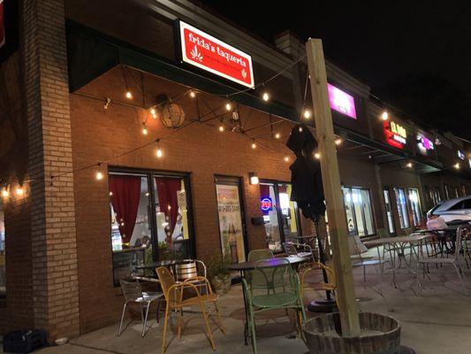 Outside patio at night.