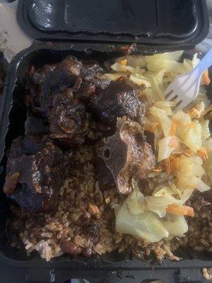 Oxtail Cup of Rice and Peas Cup of Cabbage