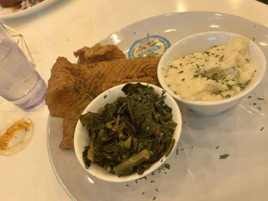 Fried catfish, collard greens and mashed potatoes