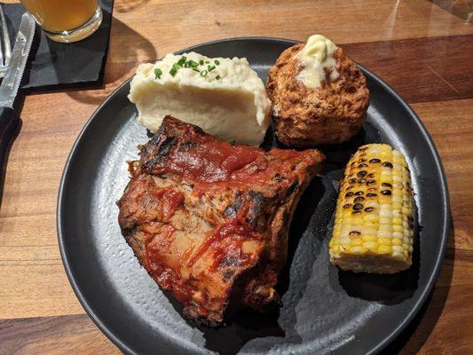 Half Rack of Baby Back Ribs, Mashed Potato, Corn, and Biscuit.