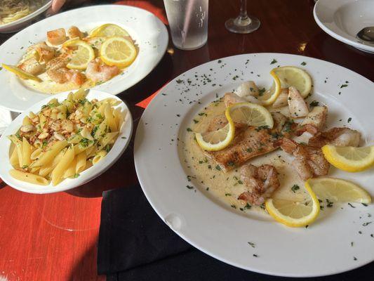 Broiled fish platter w side of pasta