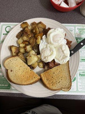 Poached eggs and hash.