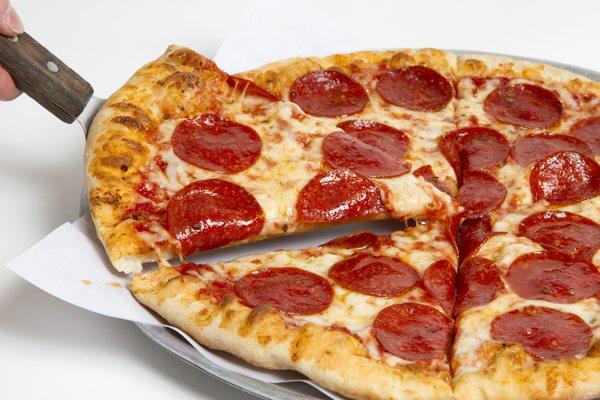 One of our popular pies, pepperoni pizza.