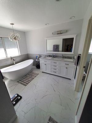 Master bathroom remodel in Diamond Bar, CA complete with a large soaking tub and double vanity.