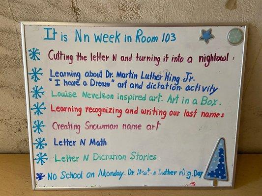 Weekly parent updates outside each class. Great to grab a pic so we know what the lessons are and can reinforce at home.