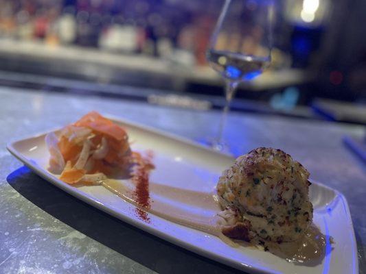 A VERY LARGE crab cake and an incredible glass of Vouvray