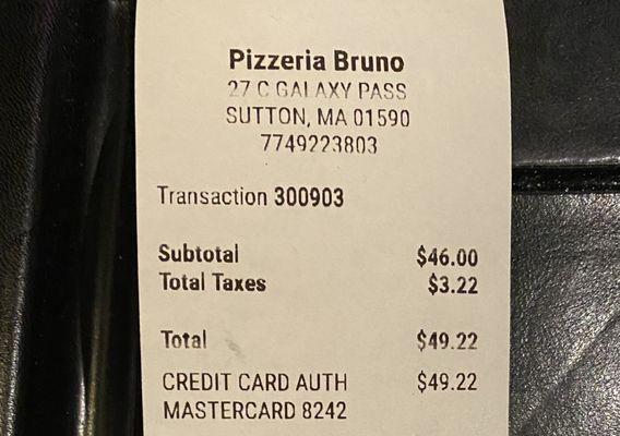 Our total for 2 pepperoni pizzas and a beer.