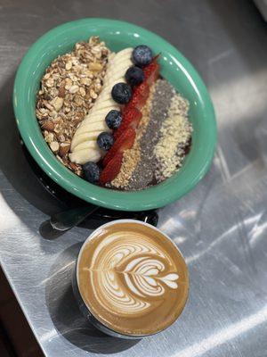 Acai bowl & Flat white. Get it to stay it looks better