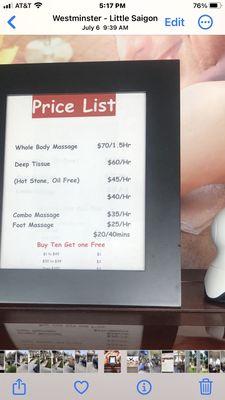 Crown Massage Price List 90 minutes foot massage $40.