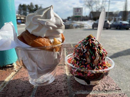 Tony's donut with peanut butter ice cream and a small hot fudge sundae with peanut butter ice cream and rainbow sprinkles