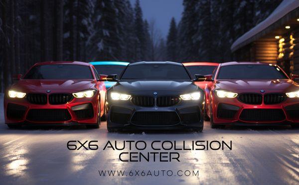 A rendering of BMWs in the winter for marketing for 6x6 auto collision center