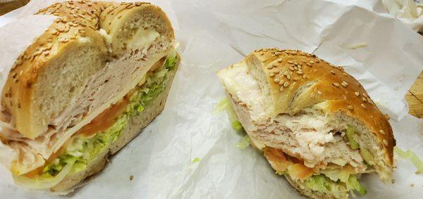 Custom sammy: ovengold turkey, muenster, lettuce, tomato, mayo on a fresh sesame bagel.