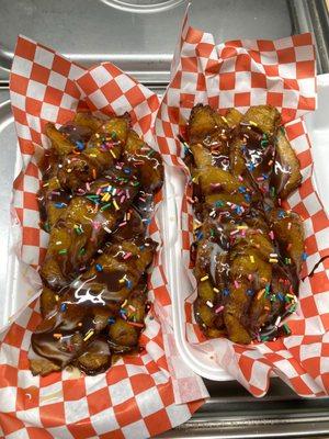 Fried plantains with all the toppings. Chocolate, lechera, strawberry jam, caramel and sprinkles.