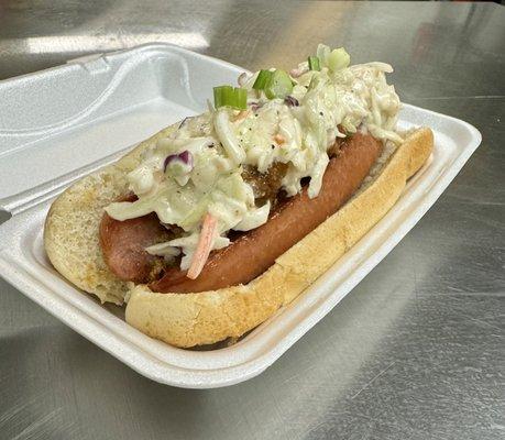 Beef Dog with chili and coleslaw