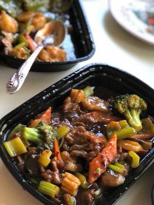 Beef w garlic sauce. And Shrimp with snow peas. Veggies were all a bit over cooked but still tasty and fresh.