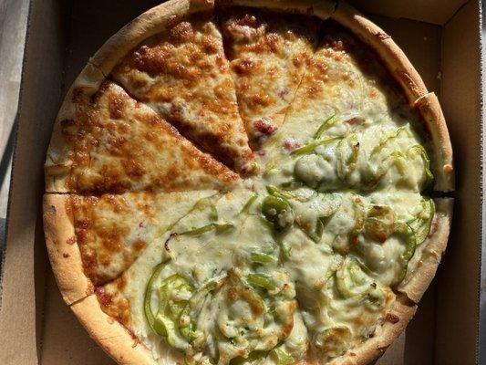 Large half cheese half green pepper and onion.