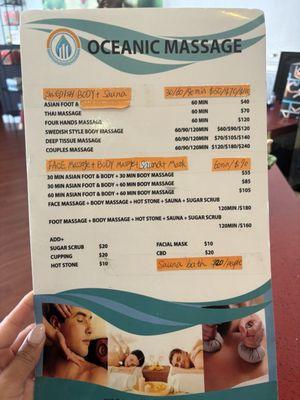 Service menu pricing