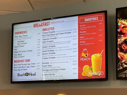 Breakfast and smoothies menu