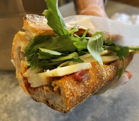 Sharp Cheddar, House Tomato Chutney and Arugula on a super Fresh Sourdough Baguette?  Indeed!