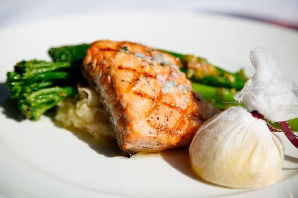 New American Steakhouse Menu | Grilled Salmon Fillet on a bed of Broccolini with Meyer Lemon & Almonds | 10-15-2010