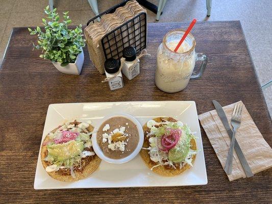 Tinga tostadas with homemade horchata