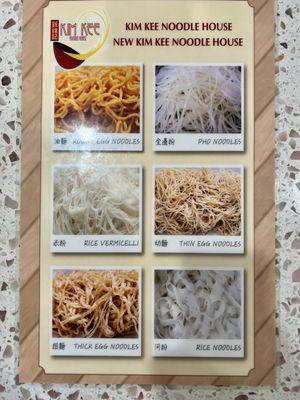 Menu describing different noodles used